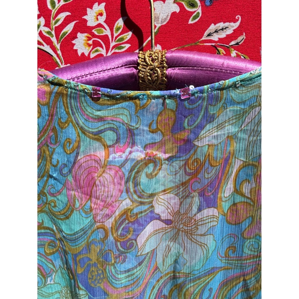Turquoise Flare Sleeve Sheer Psychedelic Pastel Jeweled Babydoll Blouse - Picture 6 of 15